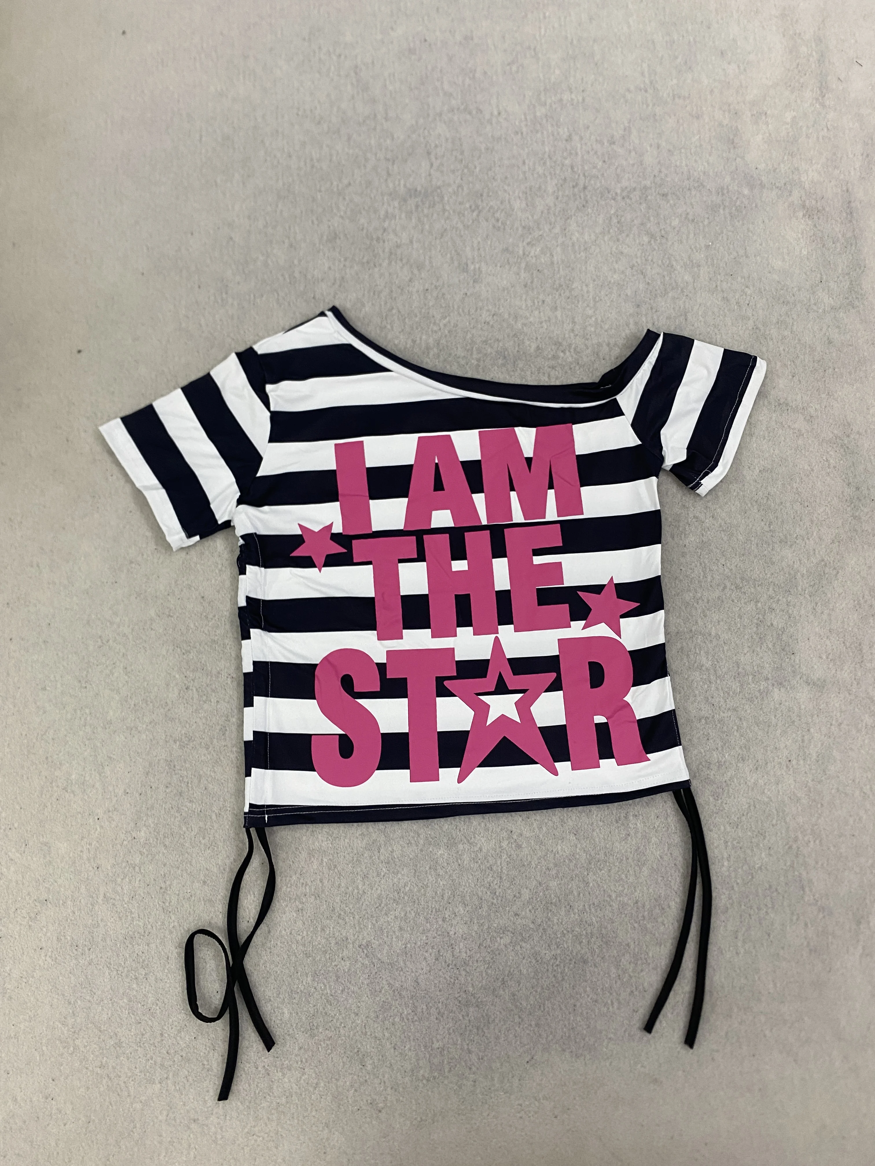 Sweet Cool Black White Stripe Asymmetrical Shoulder T-shirt Magenta Text Star Print Double Ruched Drawstring Slim Hot Girl Shirt view 4