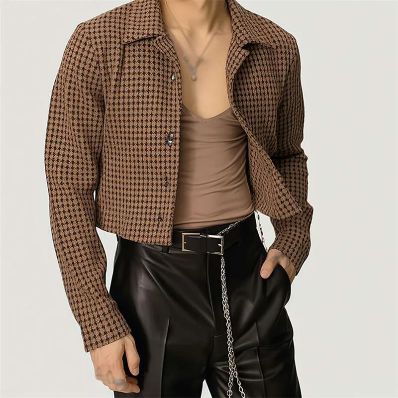 Men s Fall Cropped Jacket Houndstooth Pattern Long Sleeve Lapel Button Down Coats Outwear