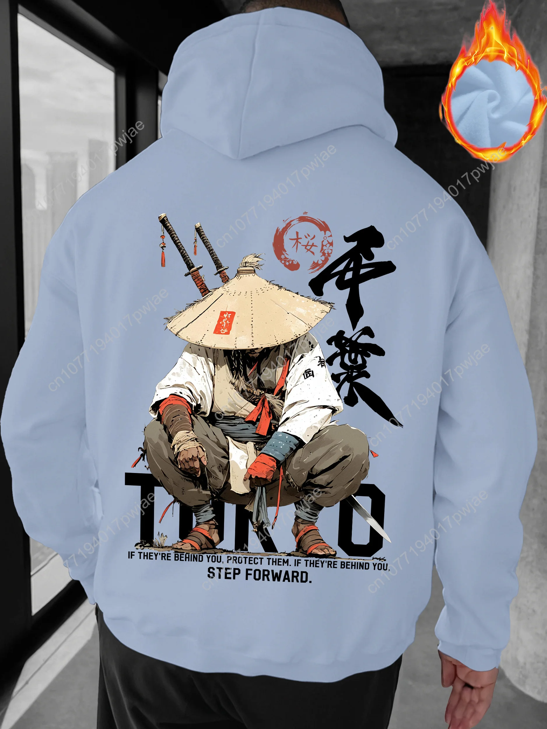 Мужская толстовка с капюшоном японского аниме-самурая — одностороннее струящееся кимоно с принтом самурая-воина с надписью кандзи, Loo