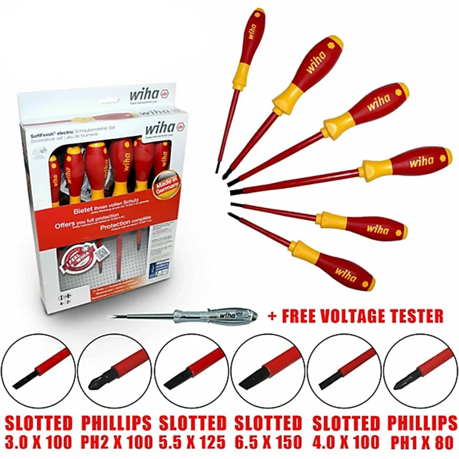 WIHA 7PCS Insulated Screwdriver Set with Voltage Tester 1000V VDE Phiilps Slotted Screwdrivers with Ergonomic Handle 00834