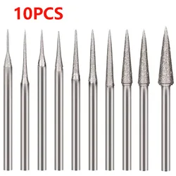 10Pcs Various Sizes Diamond Mounted Grinding Head Burrs Stone Carving Bits for Rotary Tools with 3/32