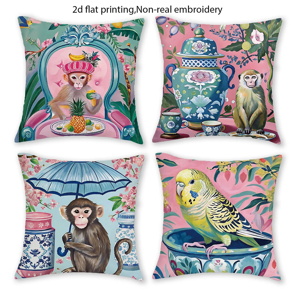 1/4pcs 2D Flat- Chinoiserie Monkey Holding Blue Umbrella Decorative Throw Pillow Cover Home outdoor decoration cushion cover