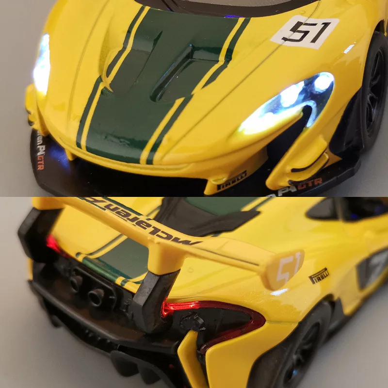 Modelo de coche deportivo M c 765LT P1 GTR, juguete de aleación con sonido y luz, supercoche, regalo, 1:32