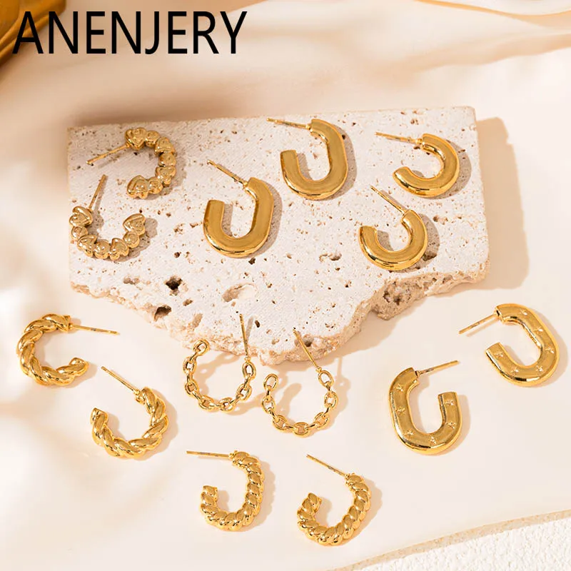 ANENJERY 316L Stainless Steel U-shaped and C-shaped Earrings for Women Fashion Personality Simple Jewelry Gifts Wholesale