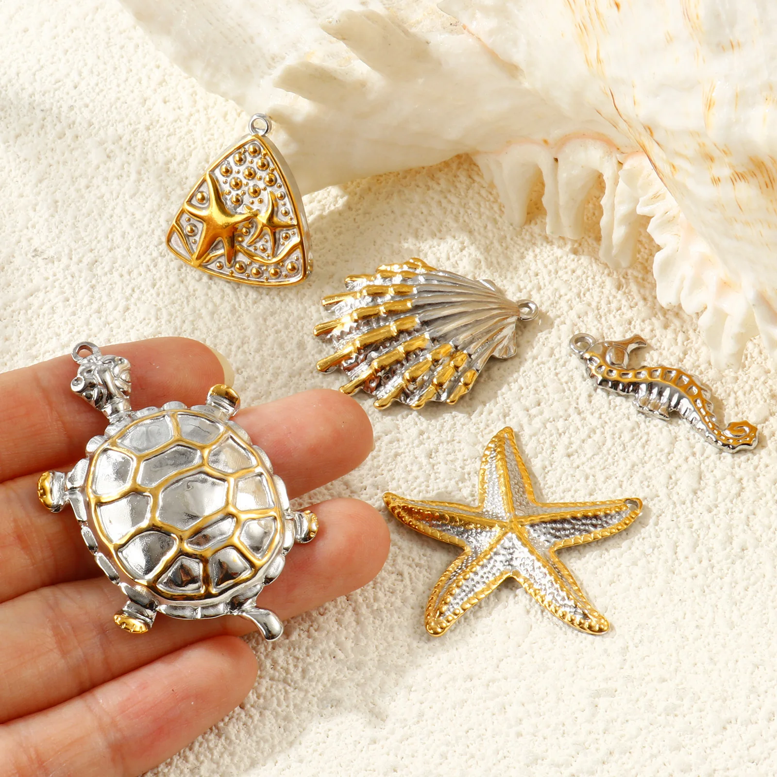 1 Piece 304 Stainless Steel Ocean Jewelry Charms Turtle Starfish 18K Gold Plated & Silver Plated Two Tone Pendants DIY Necklace