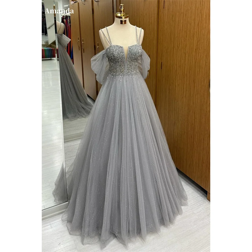 

Amanda Gray Glitter Formal Occasion Evening Beaded Tulle A-line vestidos de fiesta Elegant Sleeveless Floor-Length Porm Dresses