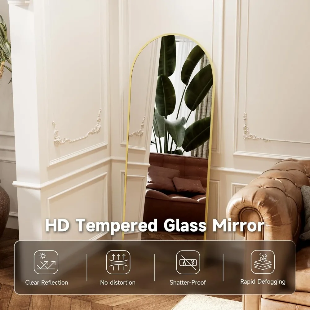 Large Gold Tempered Glass Arched Floor Mirror with Stand, Wall Hanging or Freestanding Body Length Mirrors for Home Décor