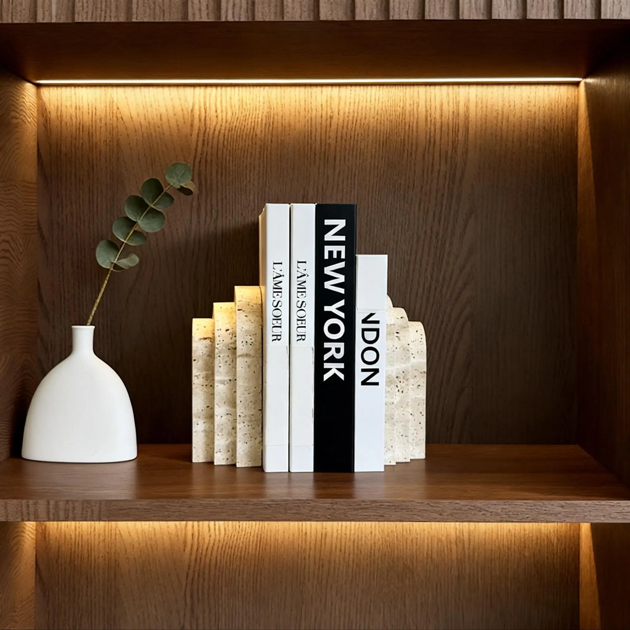 1 Piece Travertine Natural Marble Bookend, Stone Modern Decorative Desk Accessories for Home  Living Room, Office & Bookshelf