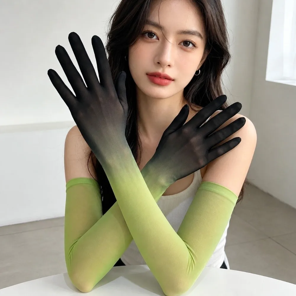 Stretchy Ultra-thin Gradient Color Gloves Transparent Elbow Sunscreen Mittens Gauze Sheer Tulle Mesh Full Finger Gloves Bride