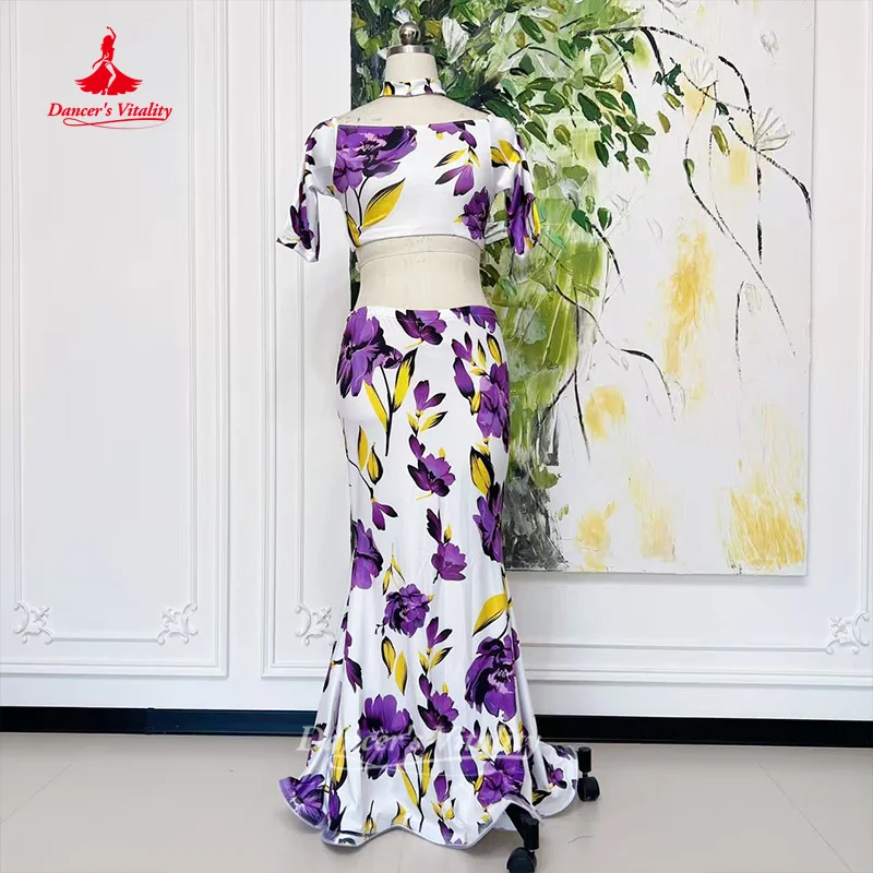 belly-dancer-costume-for-women's-custom-printed-short-sleeved-top-sexy-fishtail-long-skirt-2pcs-oriental-dance-practice-wear