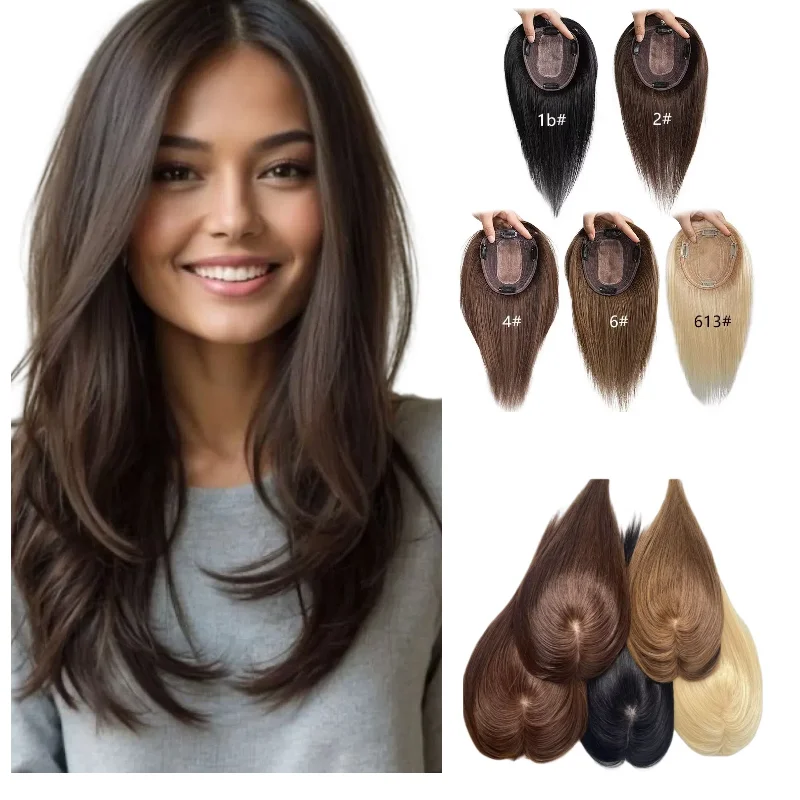 

Топпер из натуральных волос с челкой, женский кружевной механизм, средняя часть основания | 7x10 12x14 см 18 дюймов натуральный черный # 1B