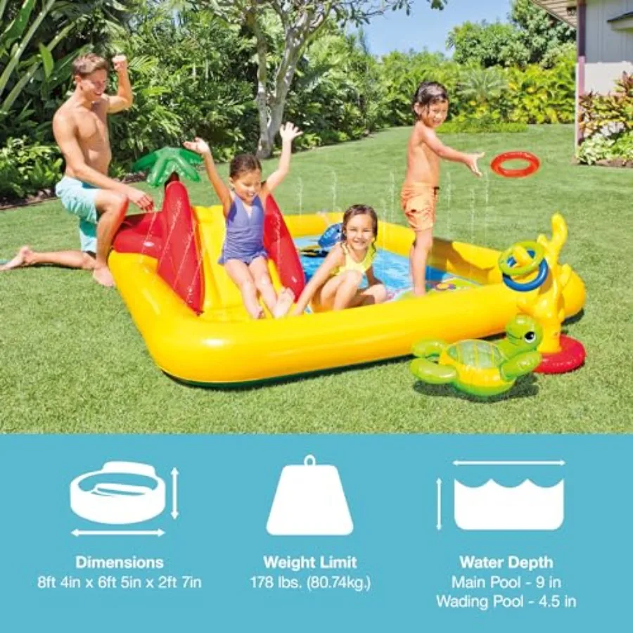 Backyard toddler play center: inflatable ocean-themed pool set, PVC material, blue color, includes water slide and built-in spr