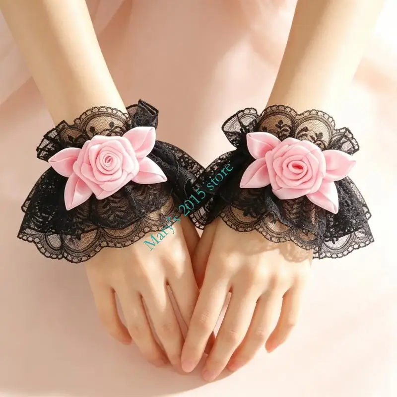Lace Wrist Cuffs Pair with Rose Trim and Ruffle Fingerless Wrist Accessories for Tea Party Wedding and Dance Styling