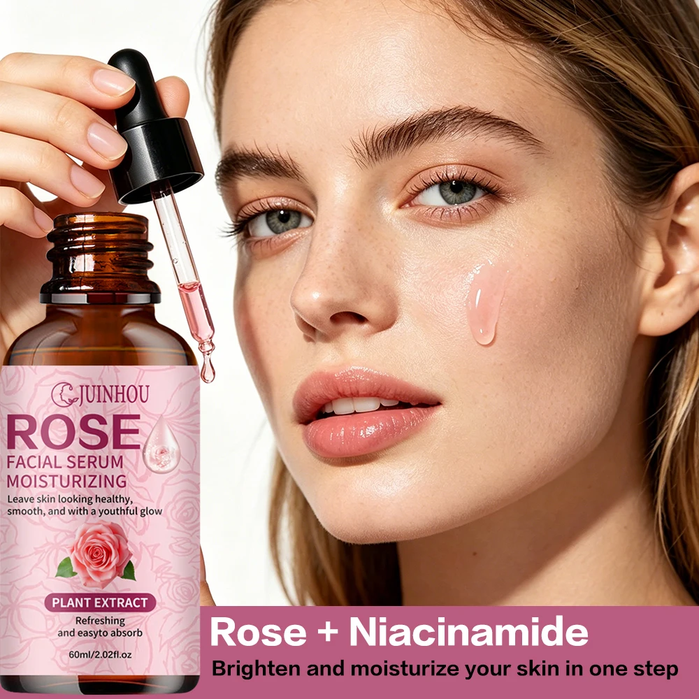 Suero Facial Iluminador con Extracto de Rosa Damascena JUINHOU, Hidratación Profunda, Suaviza la Piel, Reduce las Líneas Finas, Brillo, Cuidado Diario para Mujeres