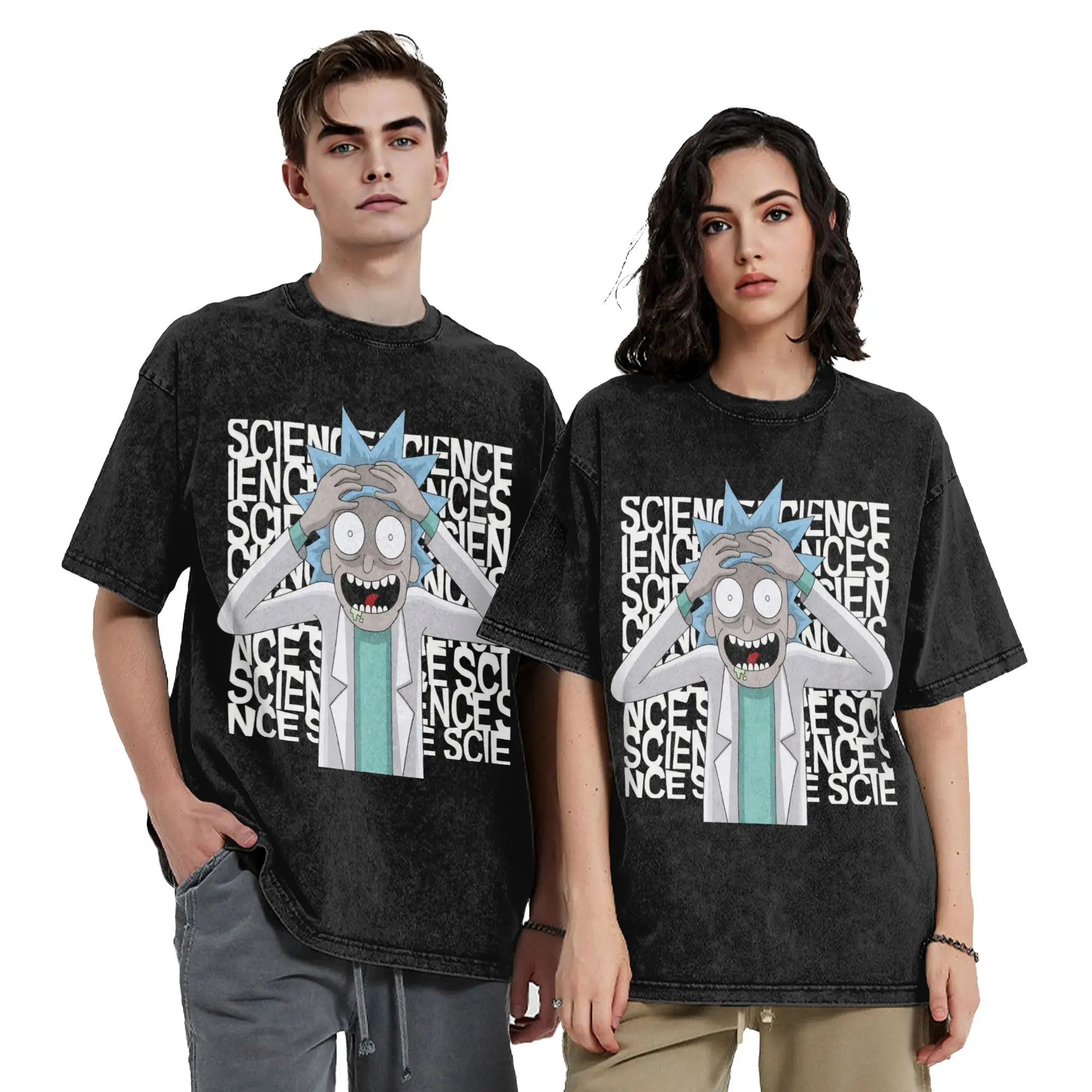 Hip Hop Genius R-Rick and M-Morty Vintage Washed Tshirts Unisex Round Neck Short Sleeve Tops  Cotton Summer Tops Shirts