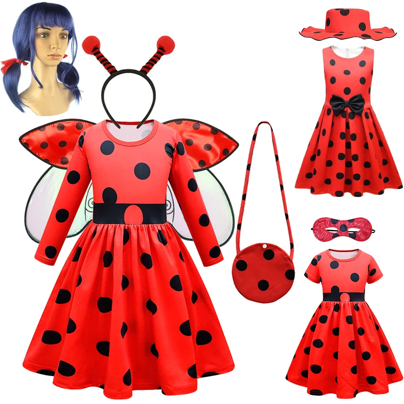 

New Cartoon Ladybug Polka Dot Print Princess Dress for Girls Halloween Cosplay Children's Masquerade Party Performance Costumes