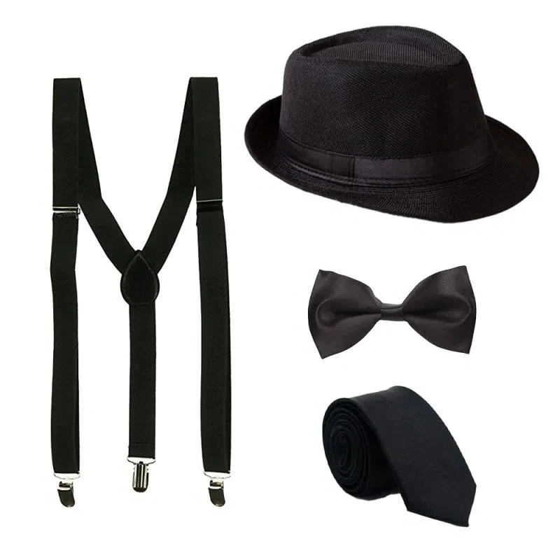 4pcs Men's 1920s Gatsby Gangster Costume Accessories Newsboy Jazz Dance Party Prom Cosplay Suit Hat Tie Suspenders Set