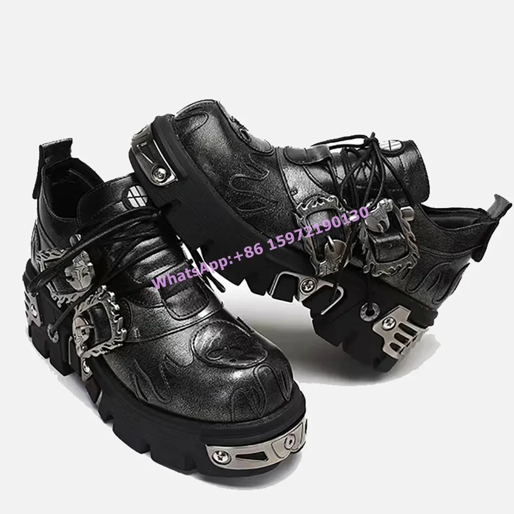

Dark Punk Leather Pumps Shallow Metal Buckle Fashion Fire Shoes Patchwork Lace Up Round Toe Thick Soled Retro Couple's Shoes