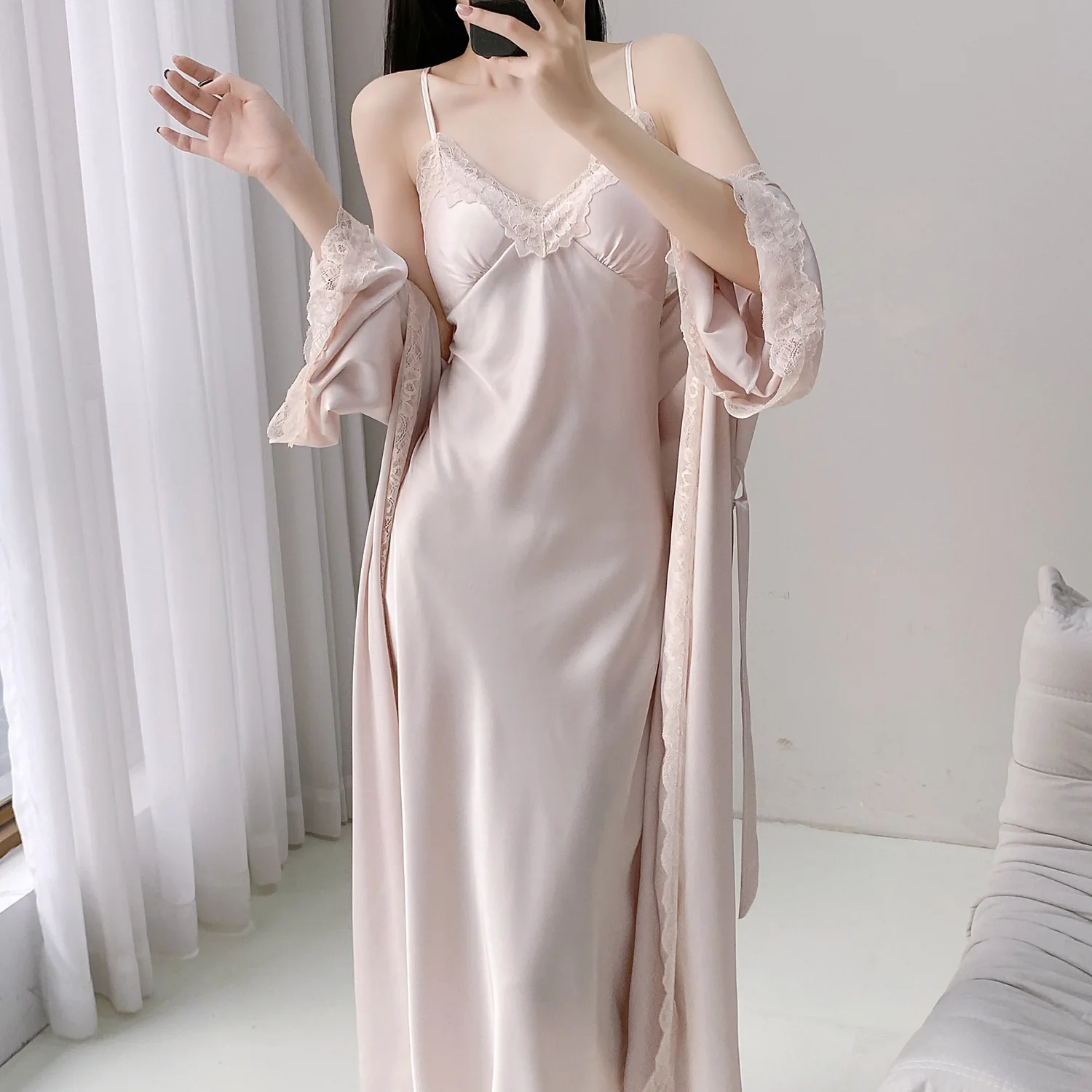Women's spring and autumn and summer ice silk long-sleeved robe extended bathrobe with chest pad home clothes pajamas female