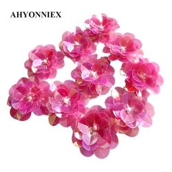 10Pcs/Lot Handmade Beads Sequins Shining Pink Flower Patch Clothing DIY Decorative Patch Earrings Hairband Accessories