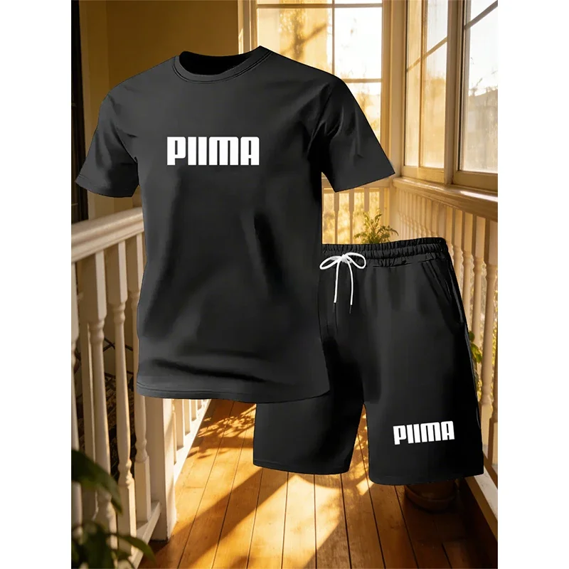 New Men's Short Sleeved T-shirt+shorts Sports Suit Personalized Design Letter Print Summer Casual Loose Home 2-piece Set