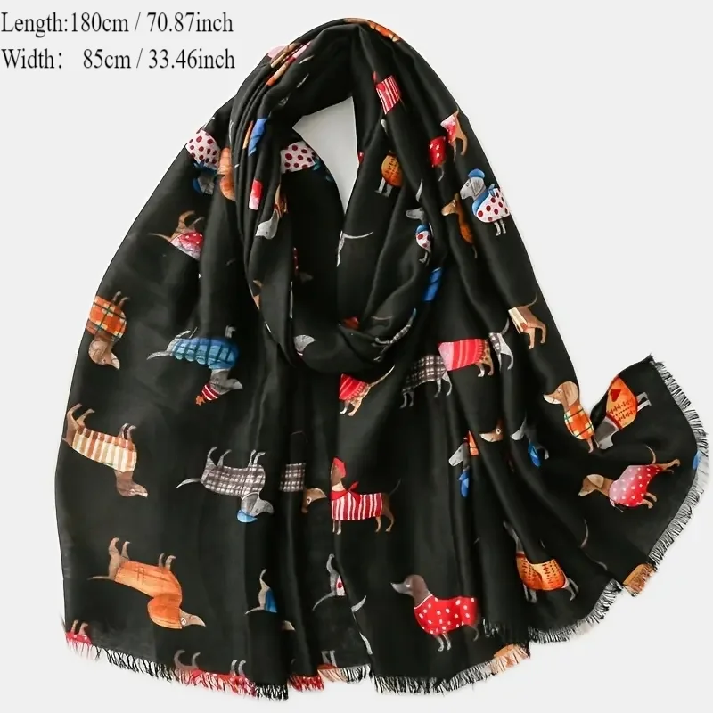 Lovely Animal Dachshund Pattern Viscose Scarf Cute Breathable Fringe Shawl Casual Travel Inelastic Outerwear Long Shawl 180*85Cm