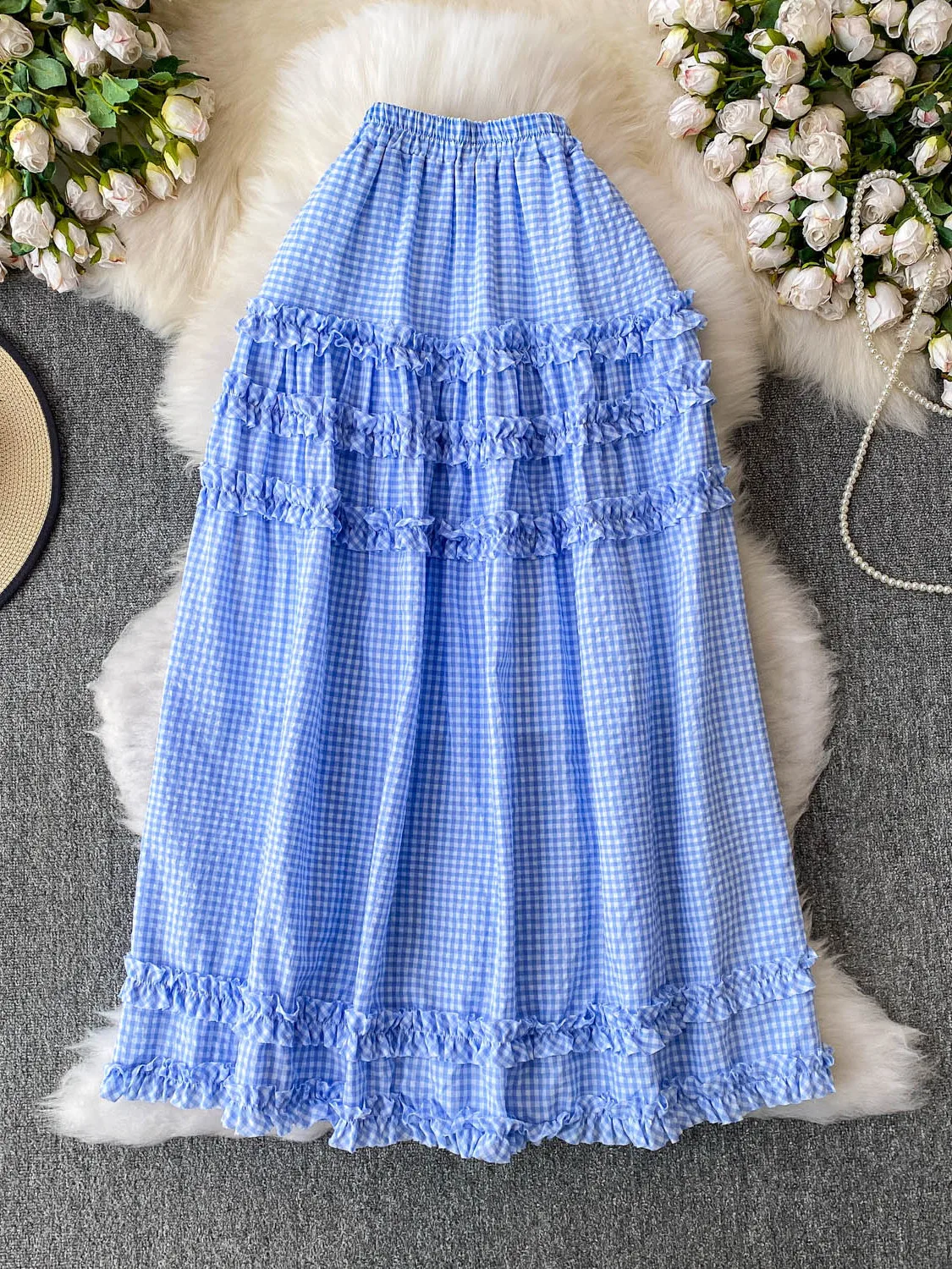 

Bla Casual Plaid Design High Waist Slimming f-length Skirt with Wood ain Cake Long Skirt Women's Spring Summer