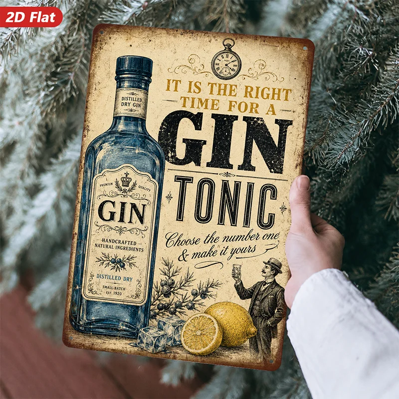 2D Flat, 1pc Metal Sign Wall Art, Gin Tonic - Themed Home Decor, Vintage Style, Alcohol - Inspired Art, Ideal for Bars, for M