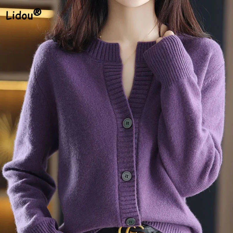 Autumn Winter Lady Fashion Simplicity Solid Color Knitted Cardigan Casual Loose Single-breasted V-Neck Sweaters Women\'s Clothing