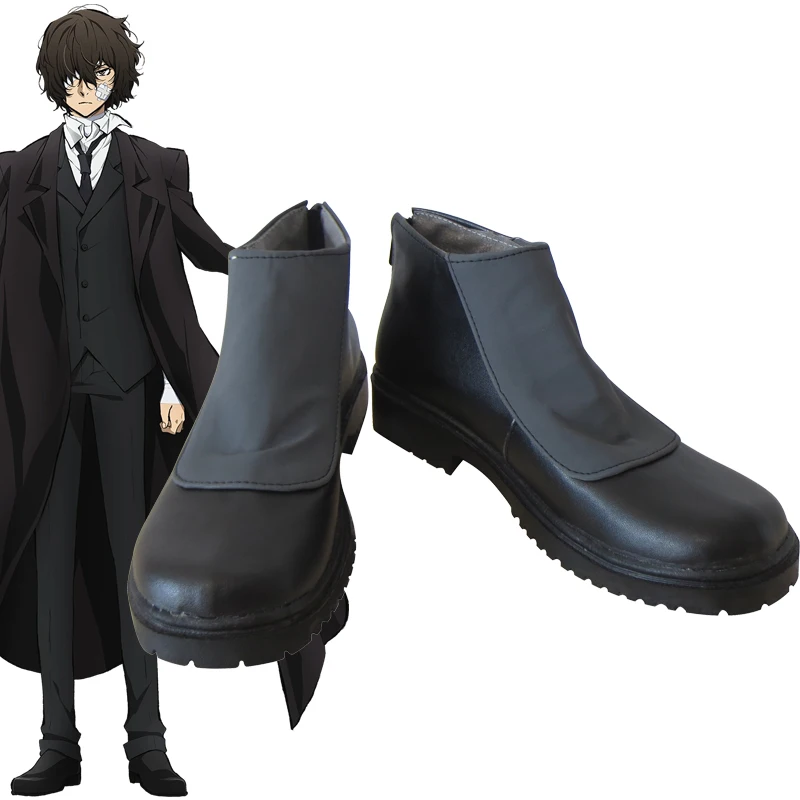 In Stock Osamu Dazai Cosplay Shoes, Dazai Osamu Cos Ankle Boots, Black Grey Patch Short Cos Boots for Halloween Comic Con Role P