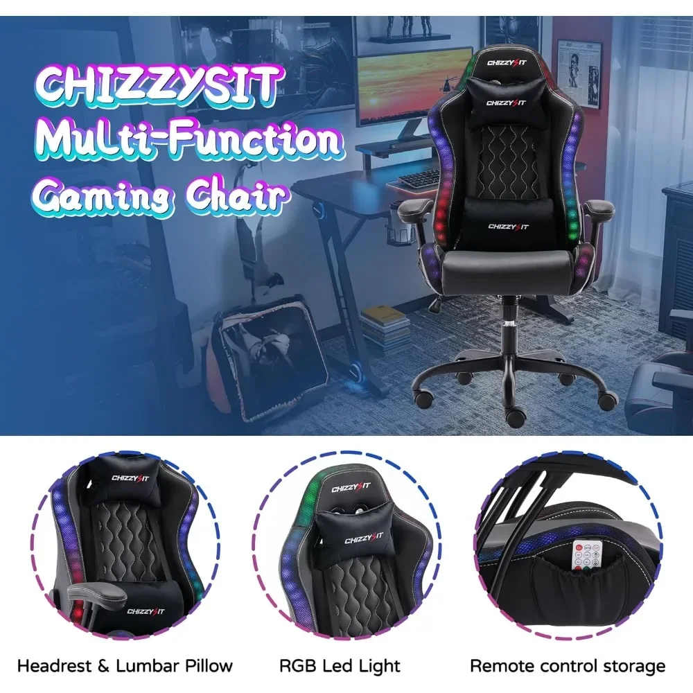 chizzysit Chair with RGB LED Lights Computer Chair with Adjustable Headrest Lumbar Support Ergonomic PVC Leather Gaming Chair
