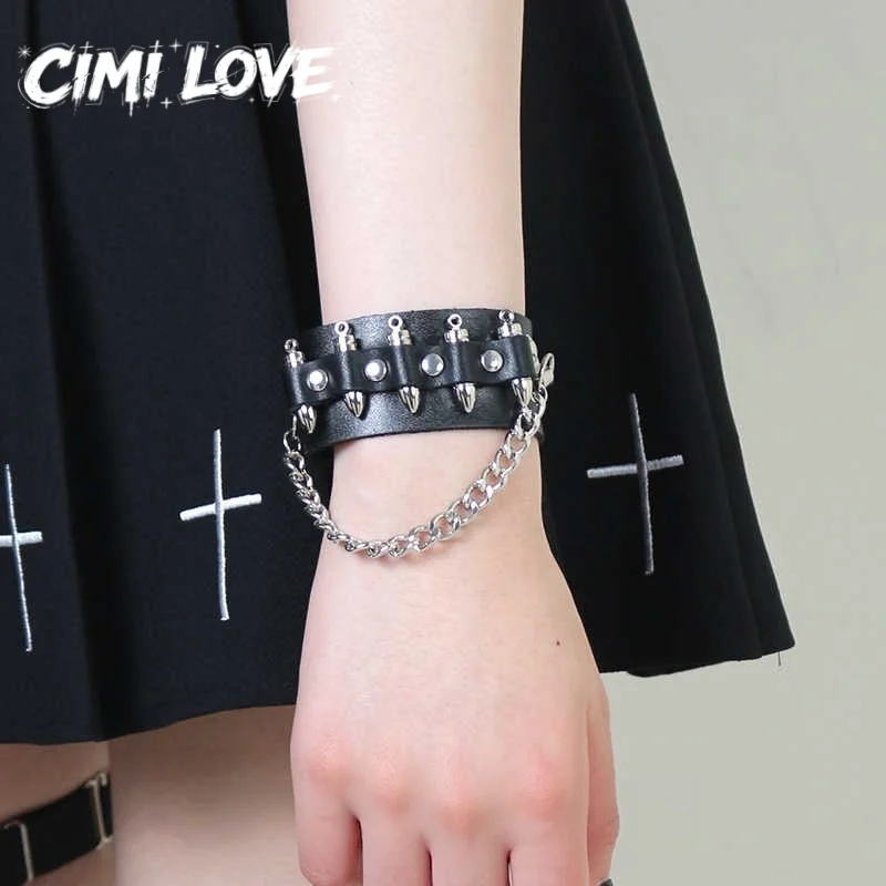 Women Black PU Leather Bullet Bracelet Punk Gothic Grunge Studded Chain Cuff Wristband Alternative Rock Streetwear Jewelry