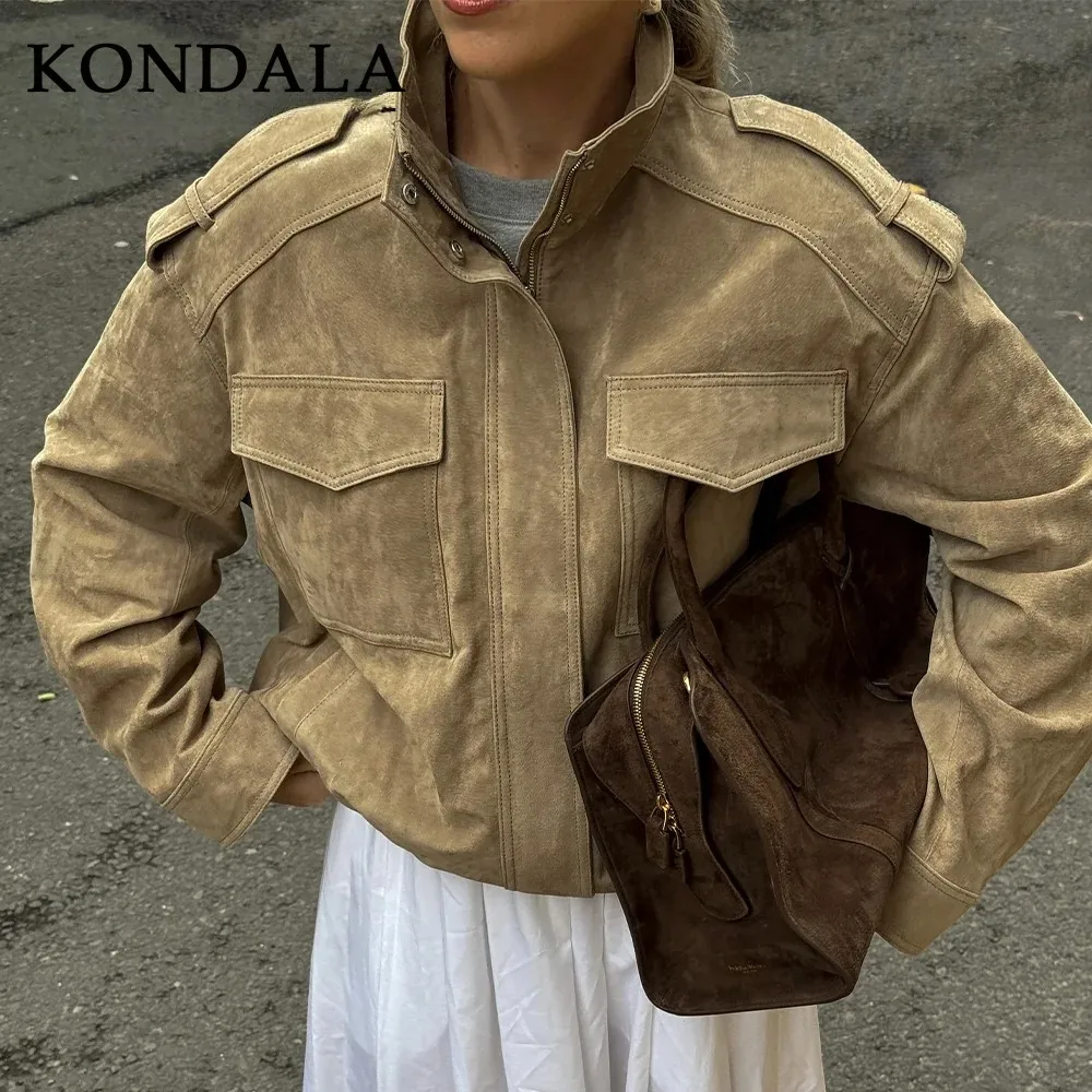 

KONDALA 2025 Fall Winter Suede Streetwear Women Coats Fashion Solid Epaulet Pockets Christmas Beige Loose Ladies Zipper Coats