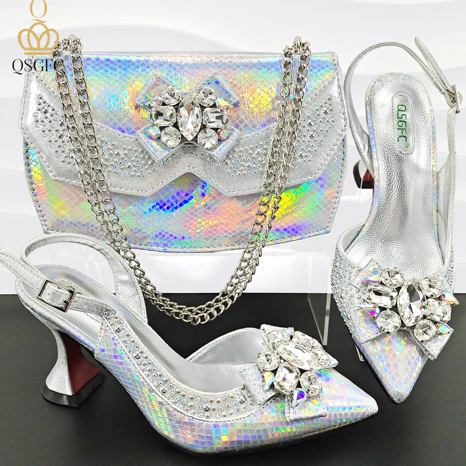 Vendita calda colore oro strass decorazione stile punta a punta tacchi alti scarpe da donna e borsa Set per la festa di nozze