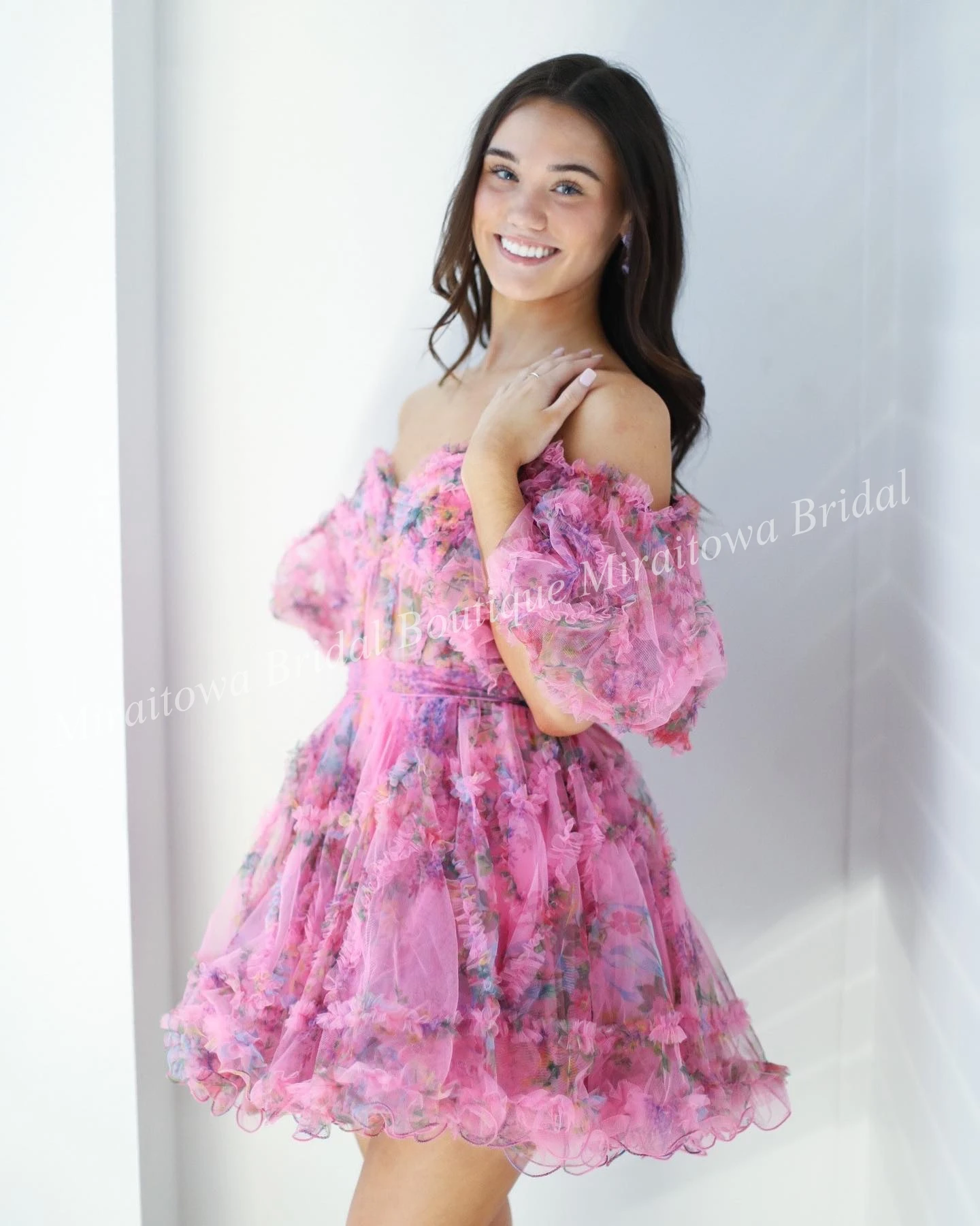 Print Floral Homecoming Dress 2k25 Hoco Ruffed Ballon Sleeves Corset Drama Graduation Cocktail Party Wedding Guest Holiday Gala