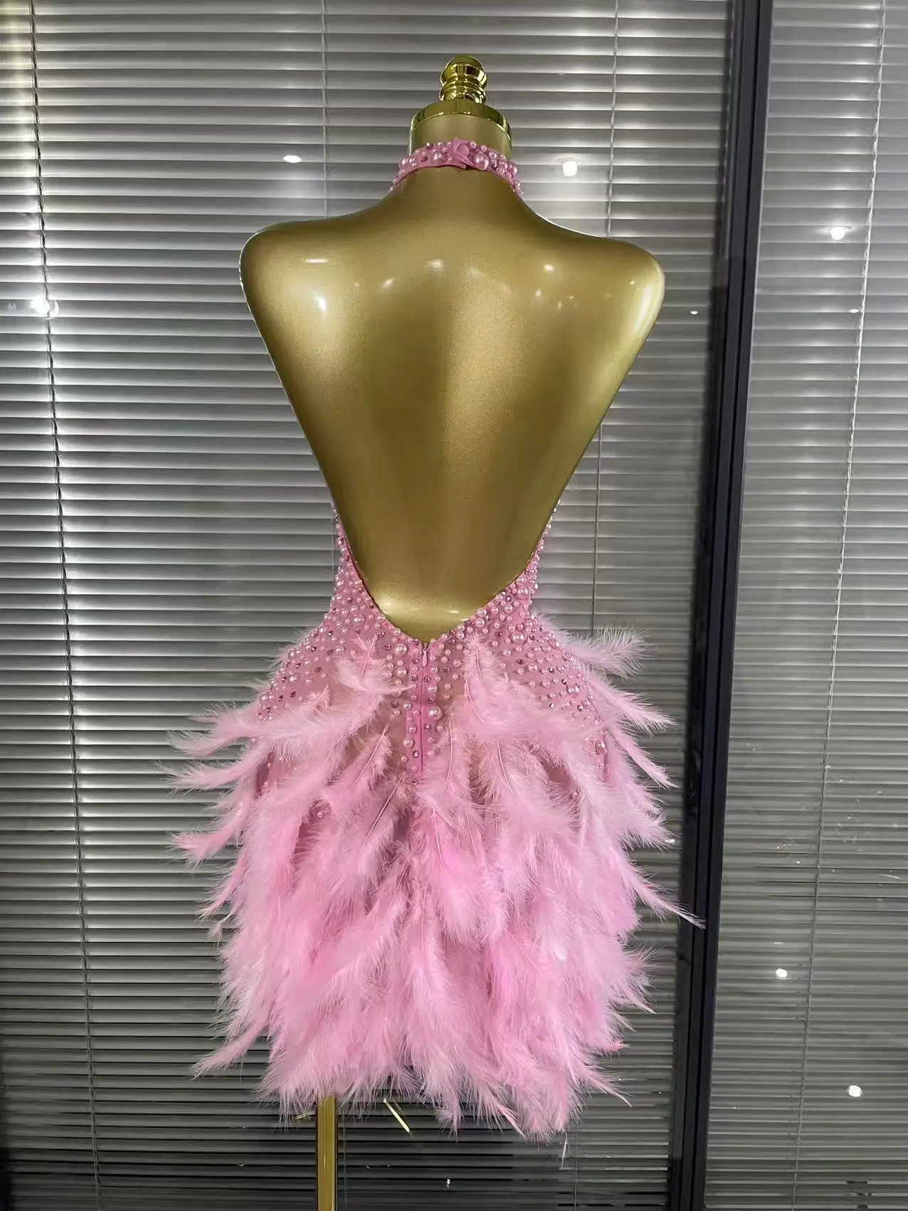 Pink Sparkly Rhinestones Pearls Halter Backless Mini Feathers Skirt Women