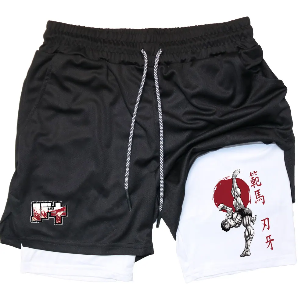Men\'s Performance Shorts Anime Baki 2 in 1 Gym Shorts Compression Stretchy Sports Shorts Quick Dry Fitness Workout Summer