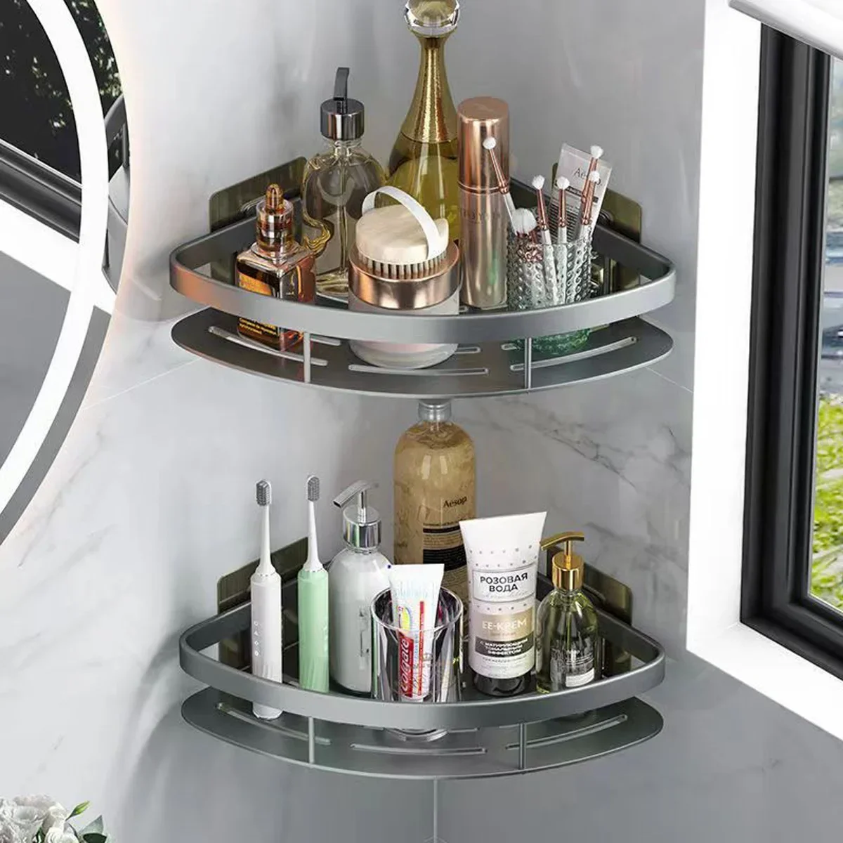 Bathroom Shelf Aluminum Alloy Shampoo Rack Makeup Storage Organizer Shower Shelf Bathroom Accessories No Drill Wall Corner Shelf