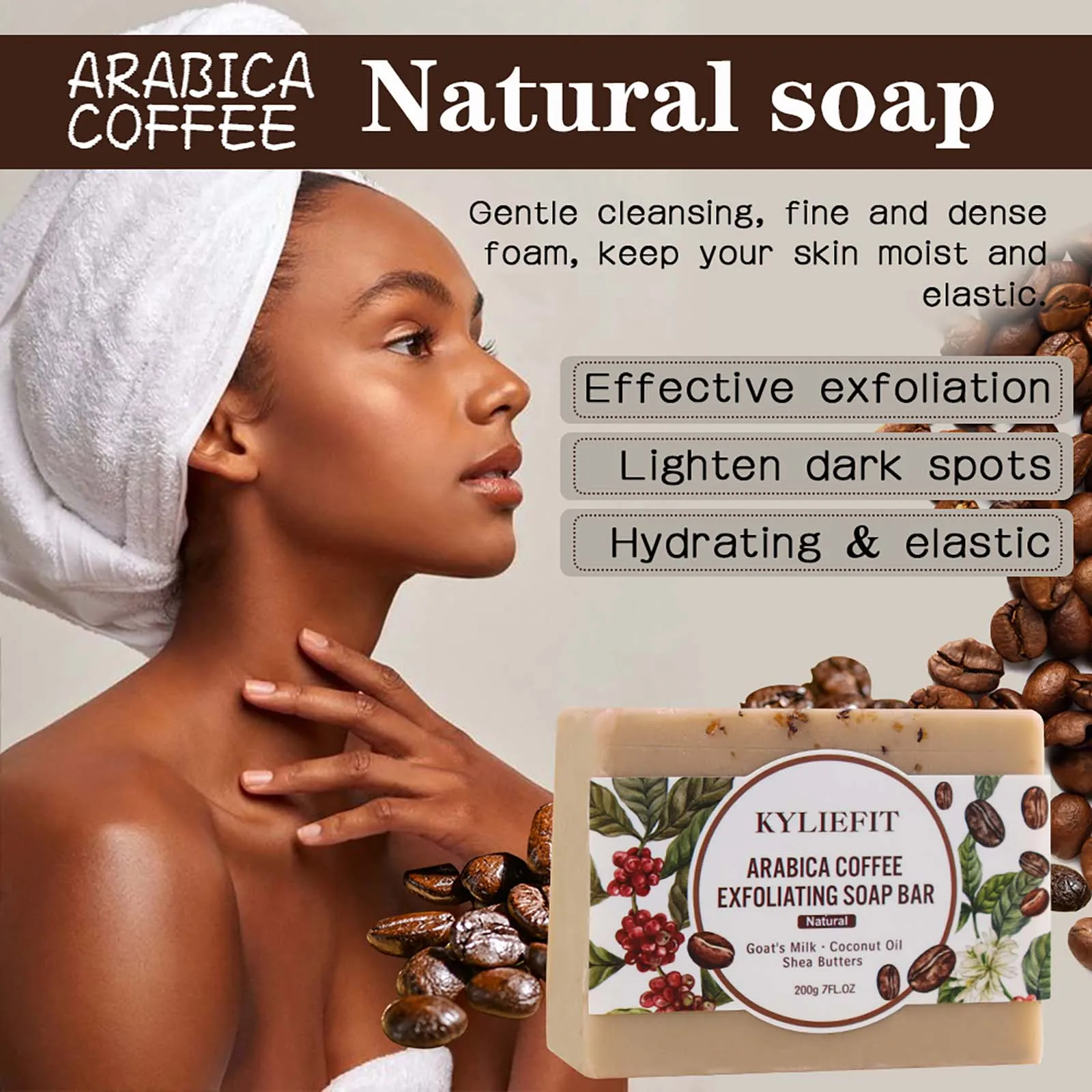 KYLIEFIT Exfoliating Coffee Brighten Soap for Hydrating Elastic Skin, Intense Exfoliation, Visibly Reduces Dark Spots