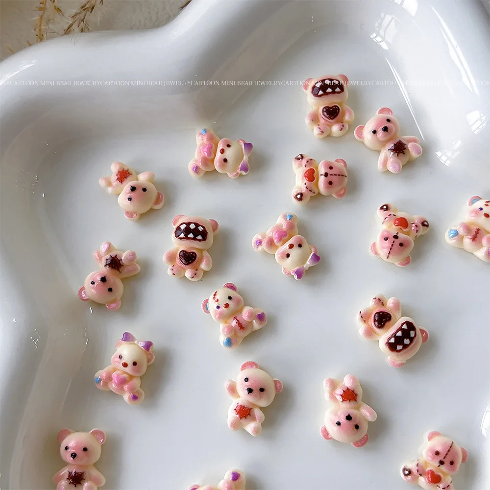 อุปกรณ์ตกแต่งเล็บรูปหมีการ์ตูนขนาดเล็ก 10 ชิ้น หมีเรซิ่นฐานแบนสำหรับตกแต่งเล็บ DIY