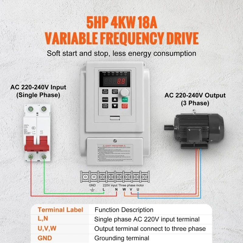 VFD 5HP4KW Singel Phase 220V-240V Input to 3 Phase 220V-240V Output Variable Frequency Drive for AC Motor Speed Control