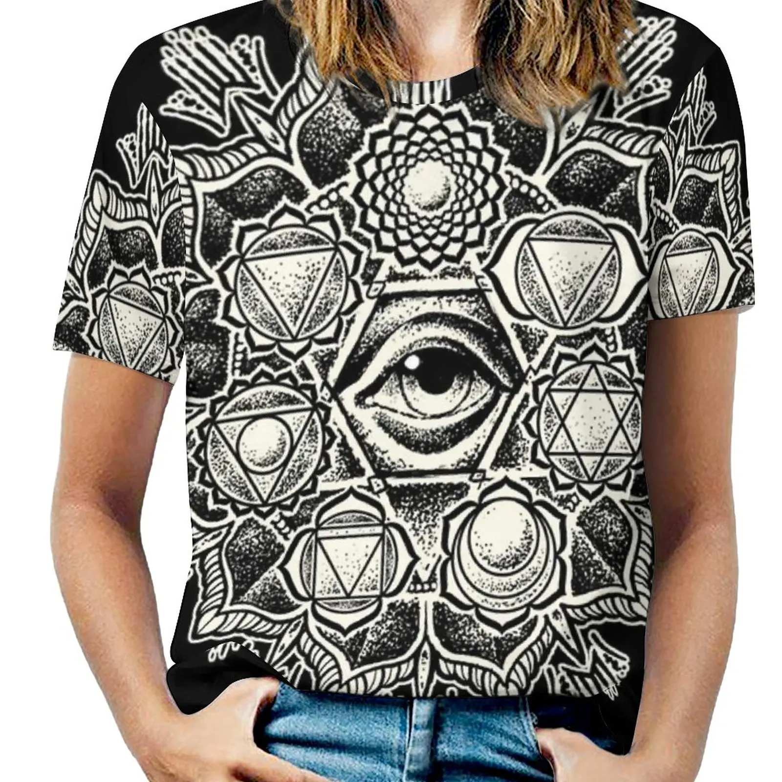 Anahata siedem Chakra Mandala kwiatowa kobiety Zipper Sexy z nadrukiem w stylu Vintage koszulki z krótkim rękawem topy pełna T-Shirt z nadrukiem joga duchowego Chakra