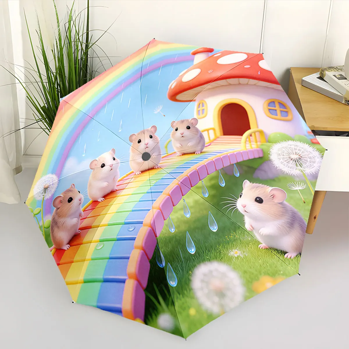1PC Hamsters on a Rainbow Path Umbrella Print 8 Iron Ribs Folding Umbrella Auto-Open Fashion Sunshade