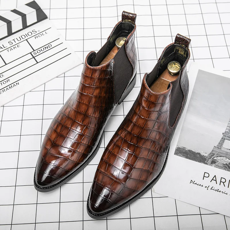 Classic Men's Brown Boots Size 46 Pointed-toe Leather Shoes Man High Top Formal Shoes Slip-on Chelsea Boot Men botas masculino