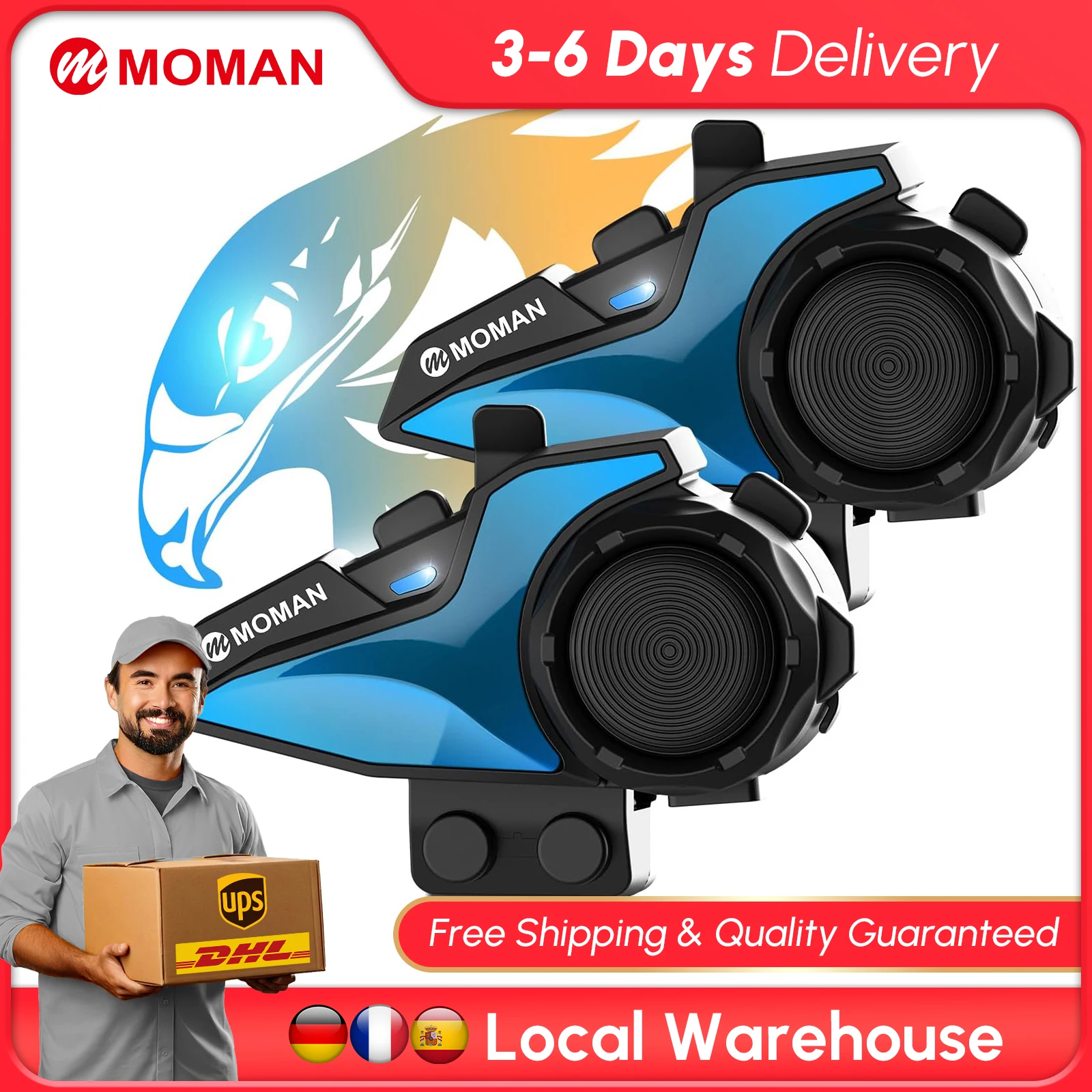 【EU STOCK】Moman casque de moto intercom double puce audio-multitâche système de communication mains libres Wireles intercom écouteur