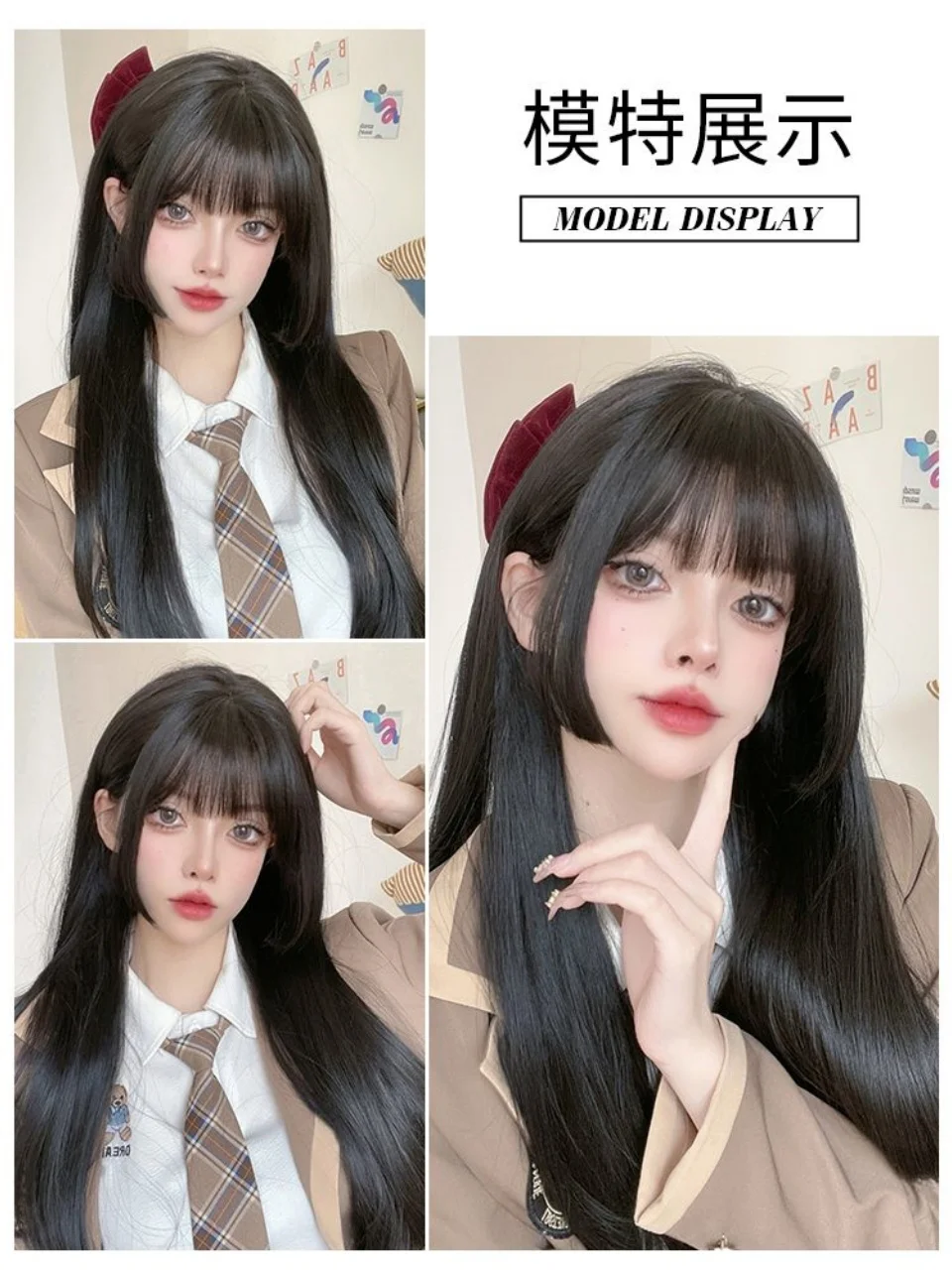 Длинные прямые парики из синтетических волос Remy, натуральный черный термостойкий волокно, полный машинный парик с челкой, парик для косплея