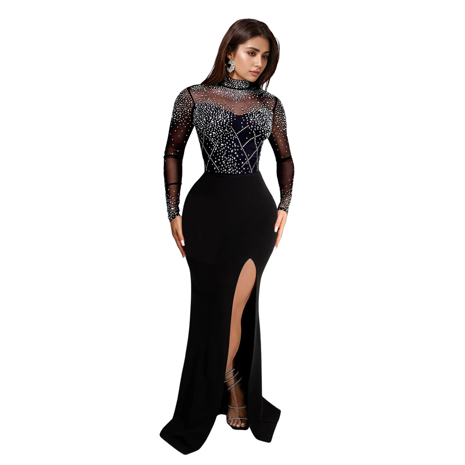 EINY y2k Mermaid Evening Luxury Dress Woman Elegant Wedding Party Mesh Patchwork See Through Long Sleeve High Split Prom Formal