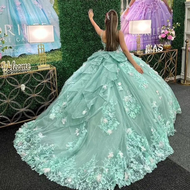 Customized Mint Green Quinceanera Dress Spaghetti 3D Floral Applique Flower Beaded Sweet 16 15 Vestidos De 15 Anos YQD478