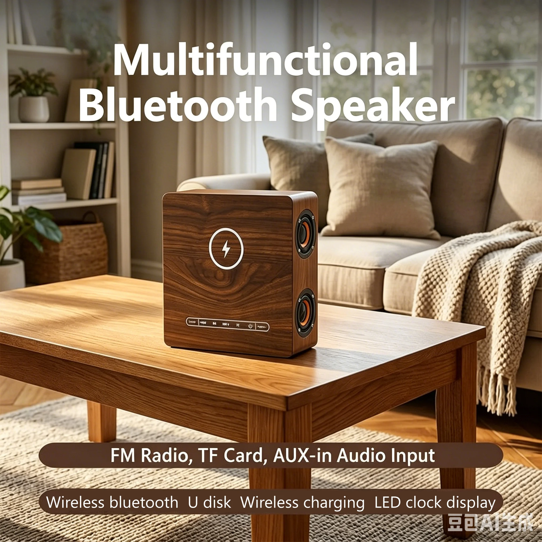 

Wooden Bluetooth Speaker,Wireless Charger, FM Radio, TF/USB/AUX, Clock Display, Home Speaker, 60W Peak Power, Long Battery Life