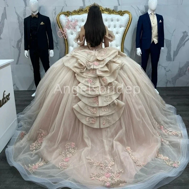 Angelsbridep gaun bahu terbuka berjenjang gaun pesta elegan gaun Quinceanera 2025 pesta malam Vestidos De Fiesta